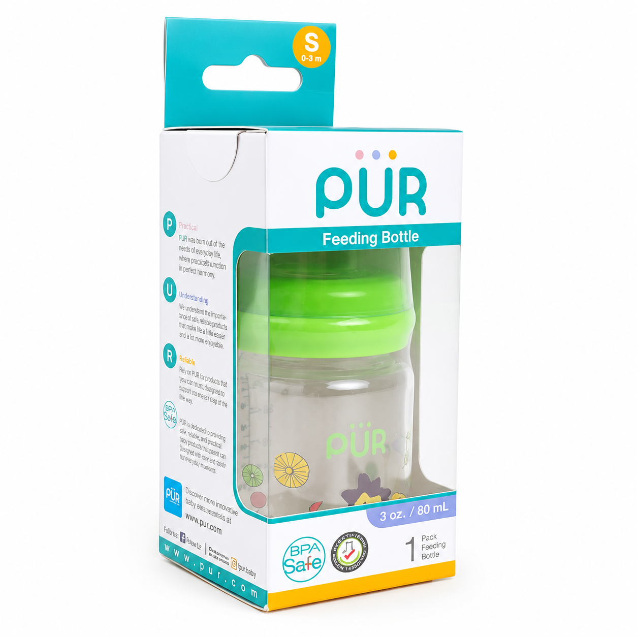 Pur Feeding Bottle in its retail packaging, size S (3 oz / 80 mL), featuring a clear bottle with a bright green lid and colorful illustrations, set against a plain white background.