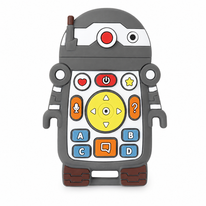 A gray robot-shaped phone case designed to look like a retro mobile phone keypad, featuring colorful buttons in yellow, orange, blue, red, and white on a plain white background.