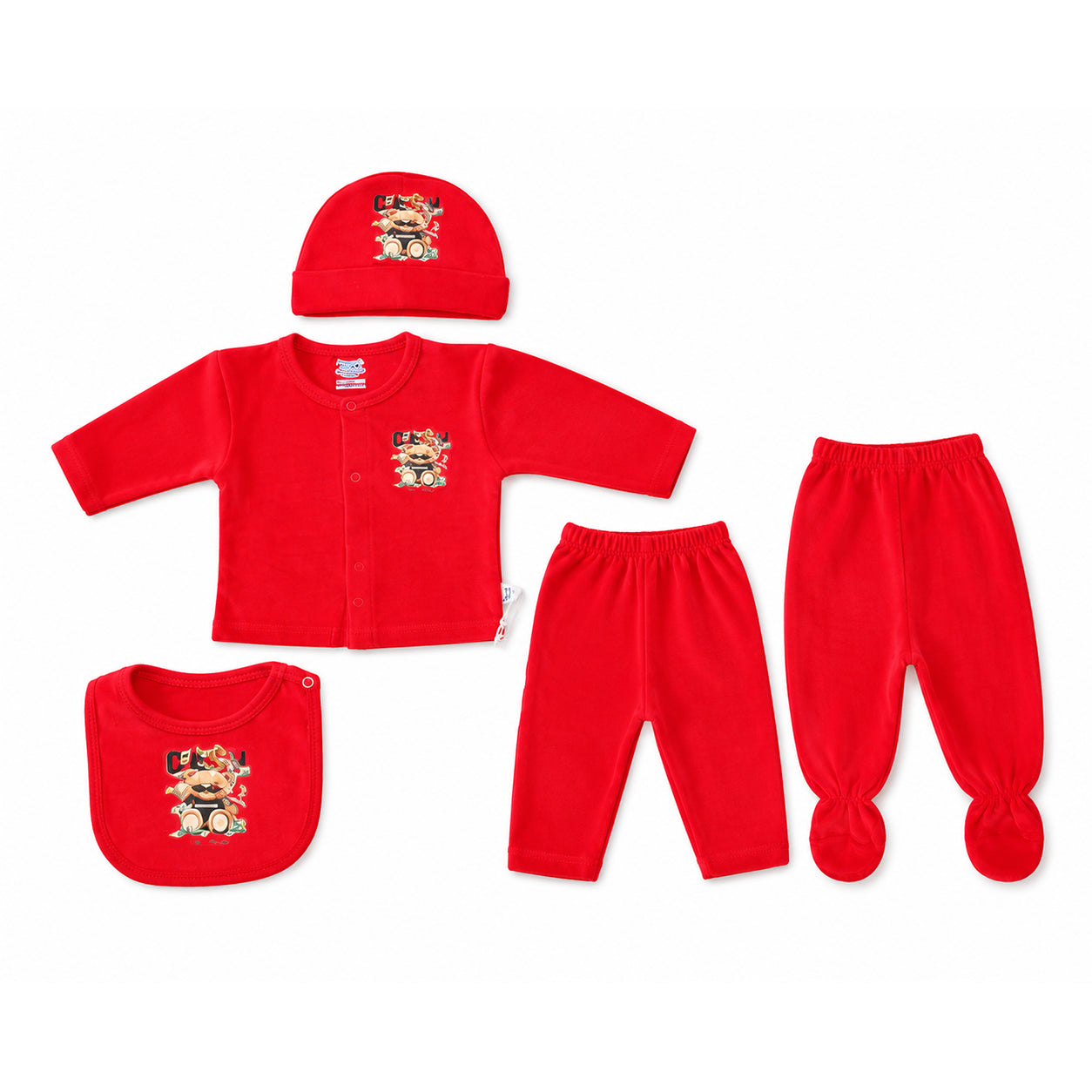 Red baby starter set with shirt, pants, bib, and hat on a white background