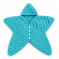 A turquoise crocheted star-shaped cardigan with a hood and three white buttons, shown on a plain white background.