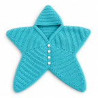 A turquoise crocheted star-shaped cardigan with a hood and three white buttons, shown on a plain white background.