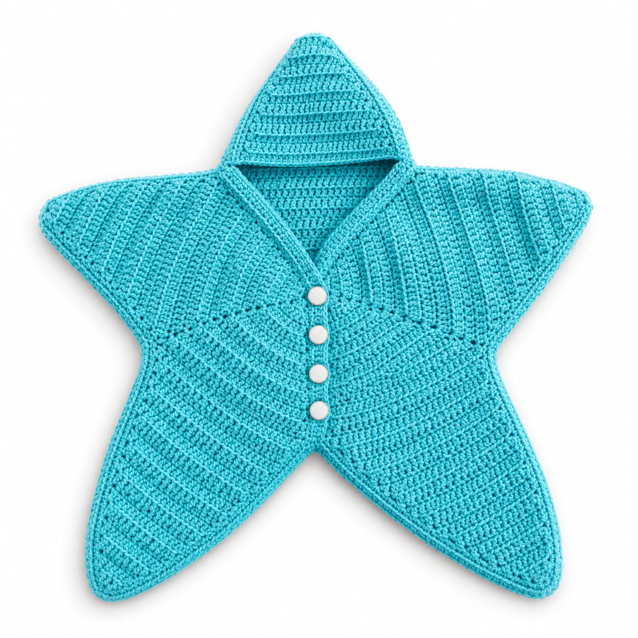 A turquoise crocheted star-shaped cardigan with a hood and three white buttons, shown on a plain white background.