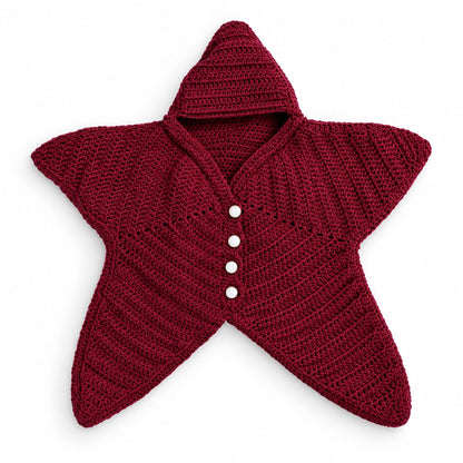 A star-shaped crocheted cardigan with a hood and three white buttons, shown flat on a white background.