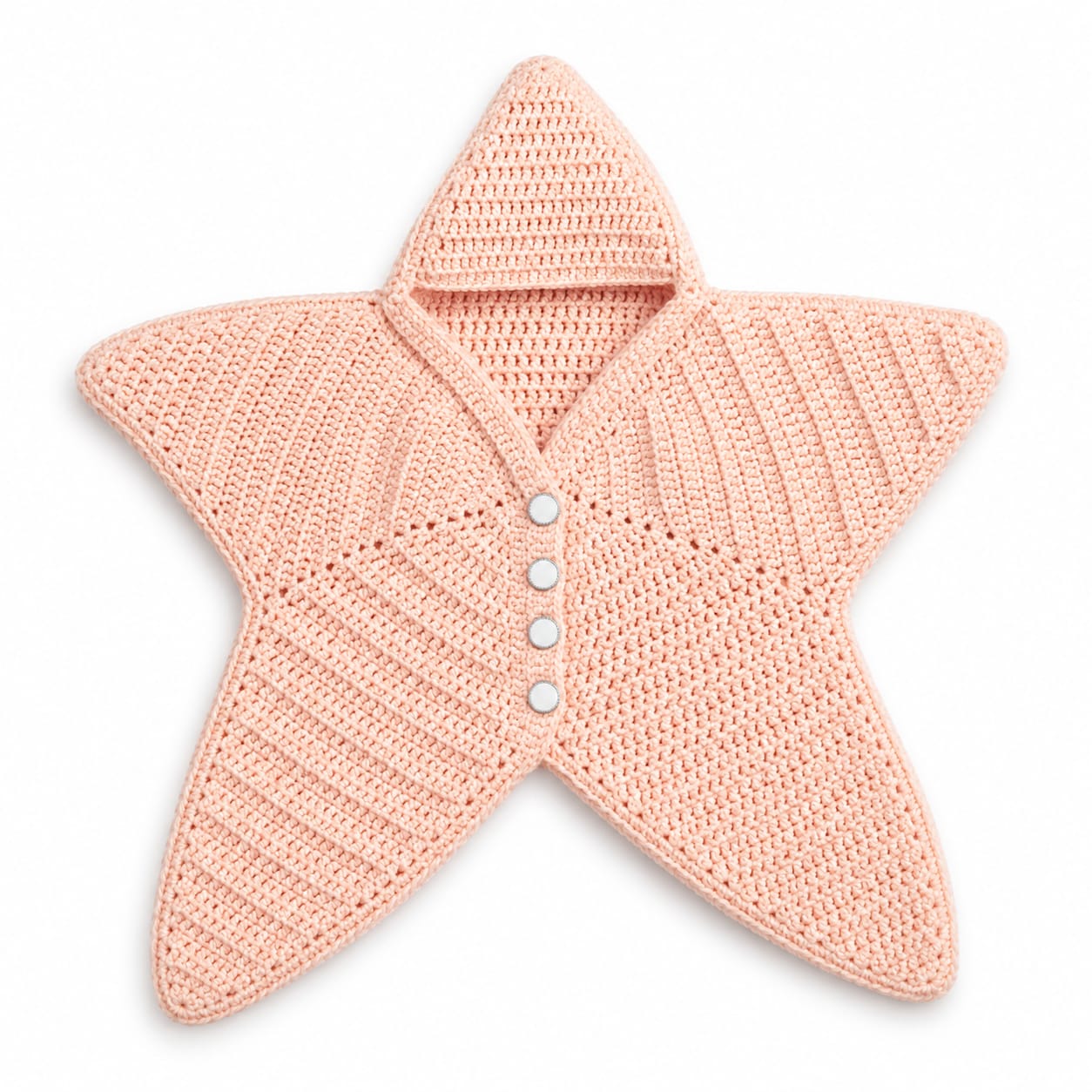 A star-shaped crocheted baby cardigan in a soft peach-pink color, featuring a hood and three white buttons down the center, shown on a plain white background.