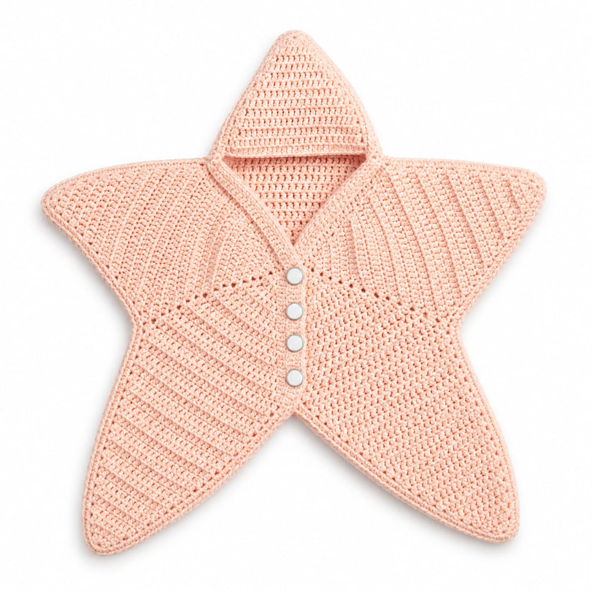 A star-shaped crocheted baby cardigan in a soft peach-pink color, featuring a hood and three white buttons down the center, shown on a plain white background.