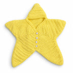 A yellow crocheted star-shaped baby cardigan with a hood and three white buttons, shown on a plain white background.