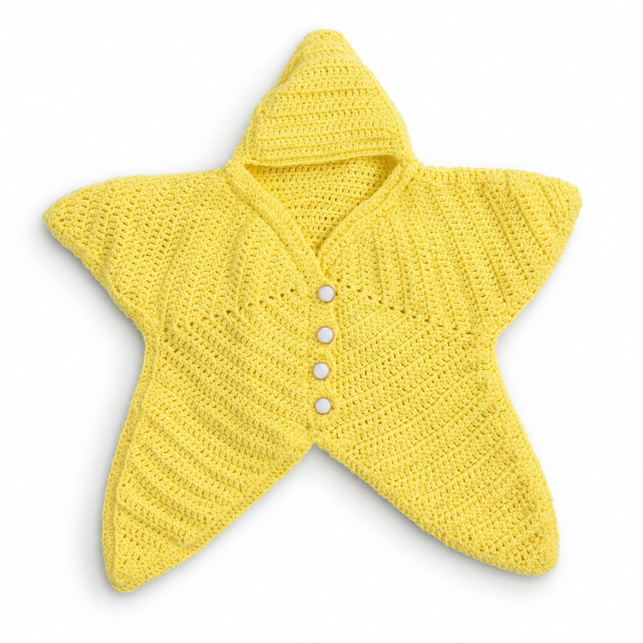 A yellow crocheted star-shaped baby cardigan with a hood and three white buttons, shown on a plain white background.