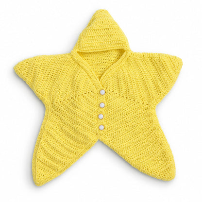 A yellow crocheted star-shaped baby cardigan with a hood and three white buttons, shown on a plain white background.