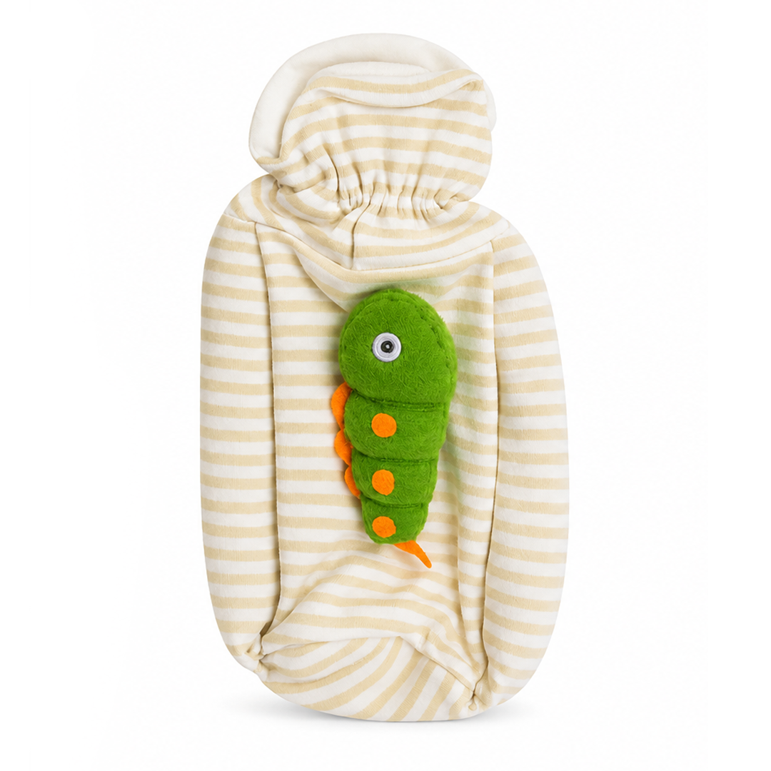 Striped fabric with a green caterpillar toy on a white background