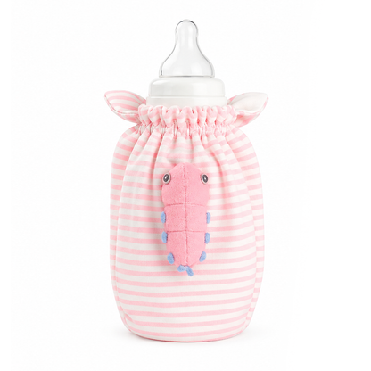 Pink and white striped baby bottle cover with a cartoon face on a white background