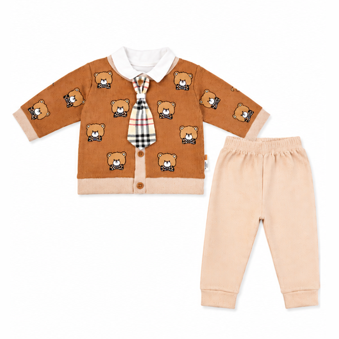 Baby's outfit with brown cardigan featuring teddy bear patterns and beige pants on a white background