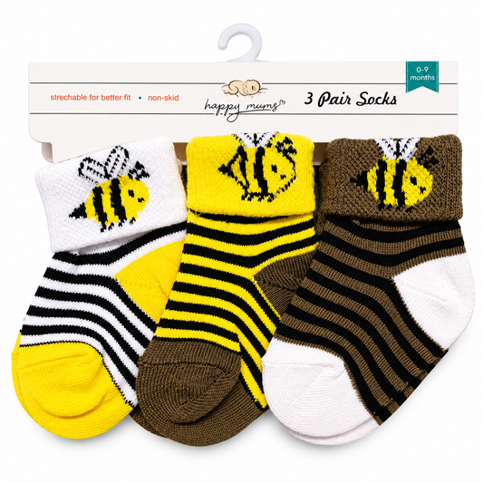 Happy Mums Bee Baby Socks – 3-Pair Set (0–9 Months)