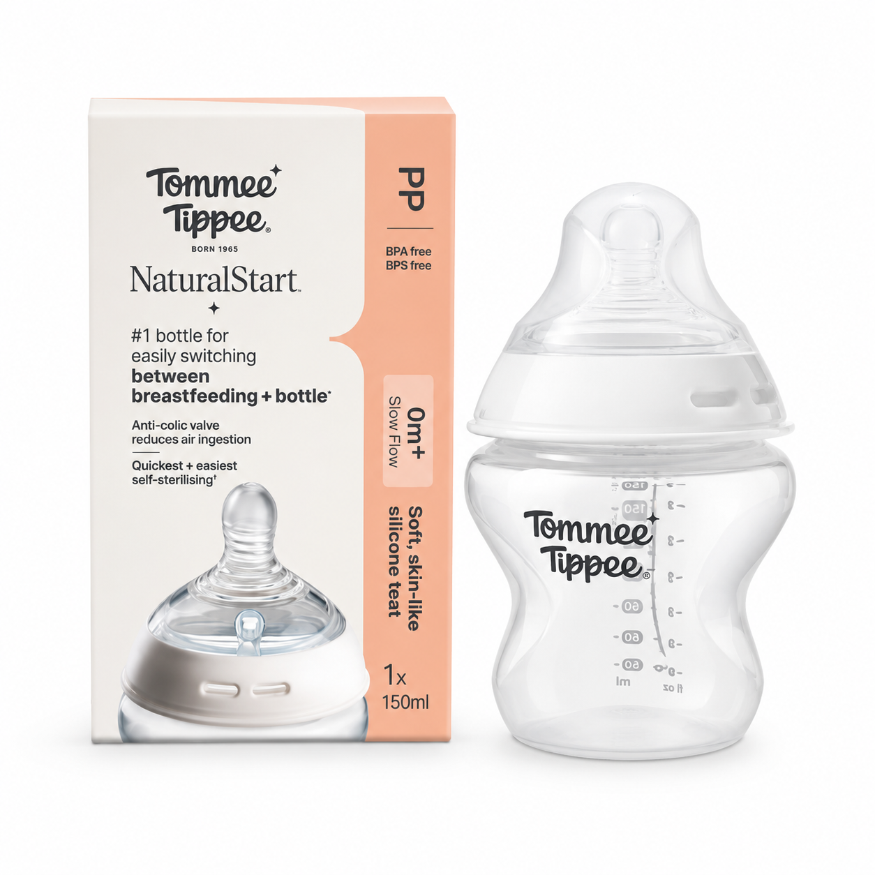 Tommee Tippee NaturalStart + slow-flow baby bottle in clear PP material with a transparent silicone teat, shown next to its white and peach packaging box on a white background.