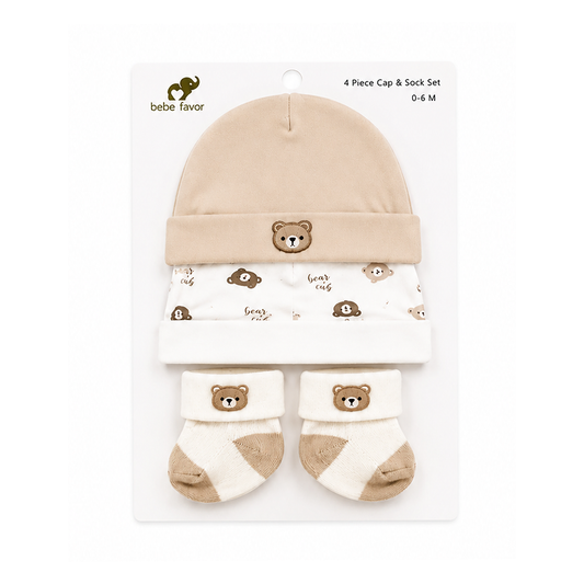 Bebe Favor Tiny Bear 4 Piece Cap & Socks Gift Set