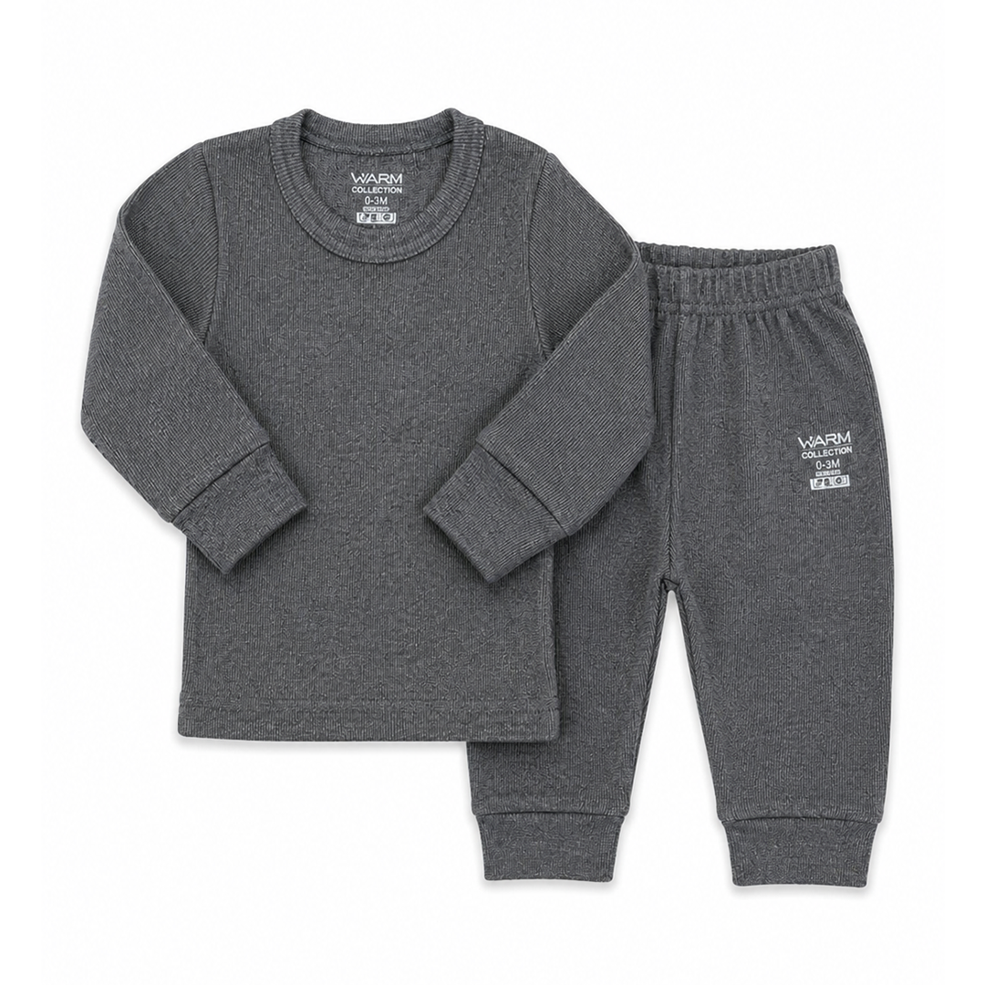 A two-piece baby loungewear set in dark heather gray, featuring a long-sleeve crewneck shirt and matching jogger pants with elastic cuffs, laid flat on a white background.