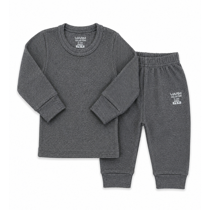 A two-piece baby loungewear set in dark heather gray, featuring a long-sleeve crewneck shirt and matching jogger pants with elastic cuffs, laid flat on a white background.