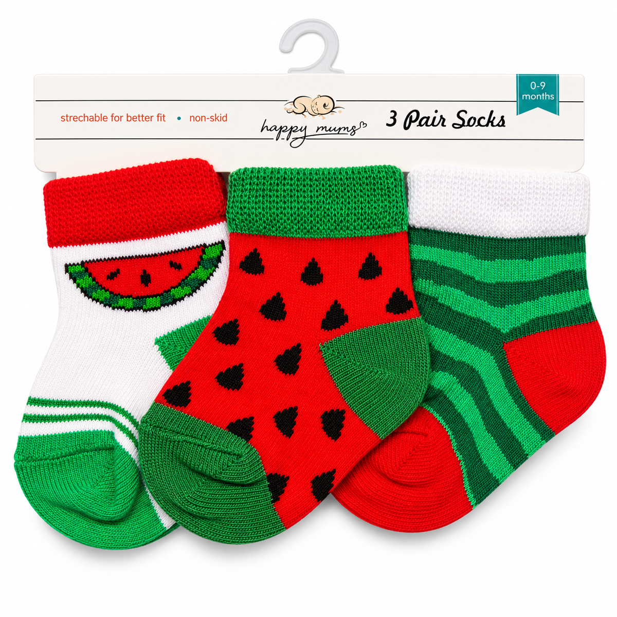 Watermelon Print Baby Socks – 3-Pair Set (0–9 Months)