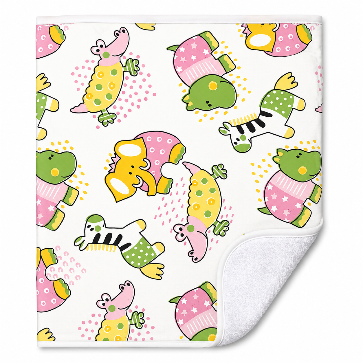 A square baby Diaper Changing Sheet with a white reverse side, featuring a playful cartoon dinosaur pattern in pink, green, yellow, and black and white stripes on a white background.