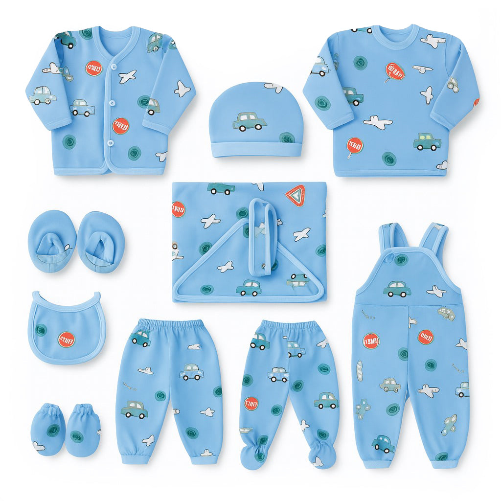 Cars-themed 10-piece winter newborn clothing and essentials set