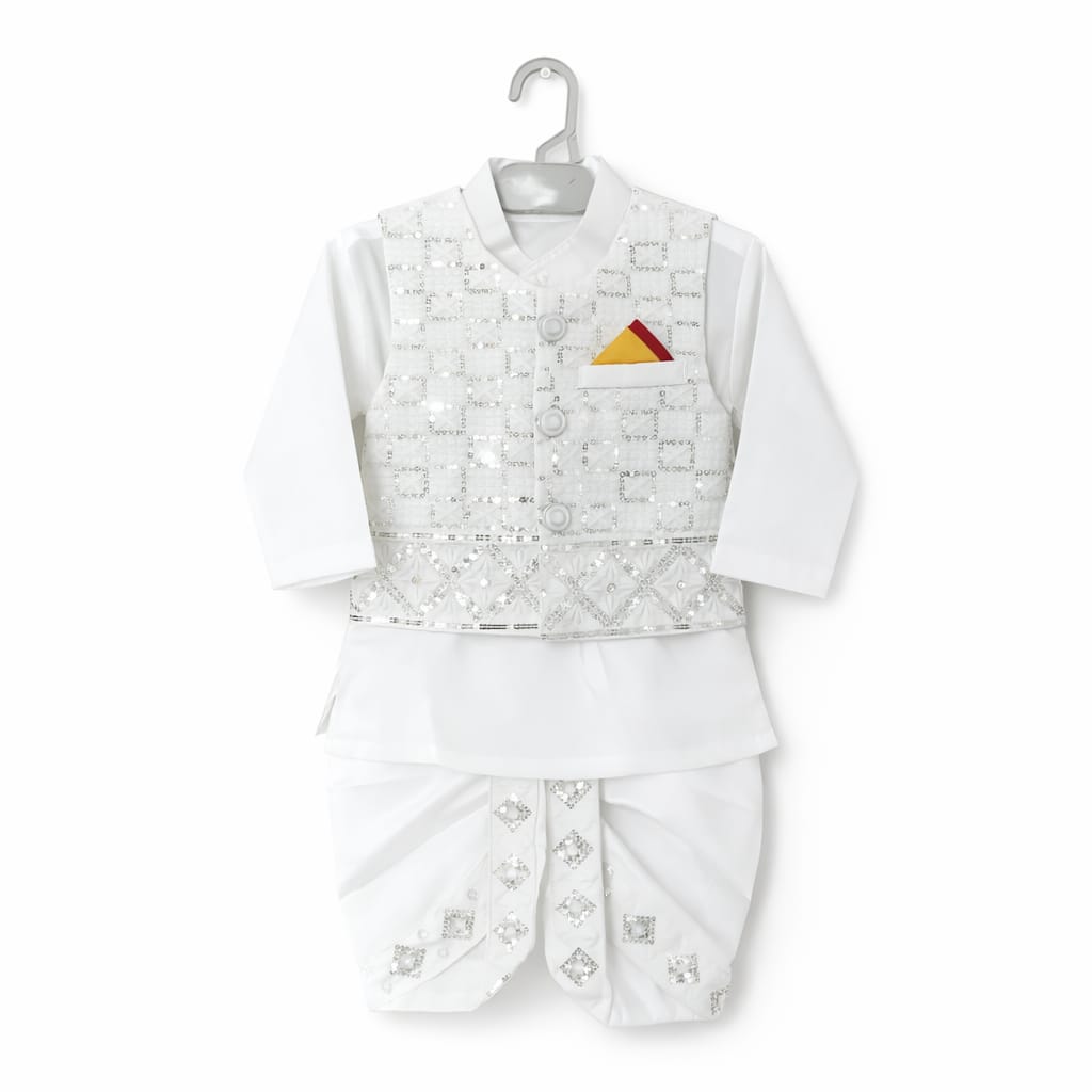 4-8 Months Cream & White Dhoti Kurta With Waistcoat