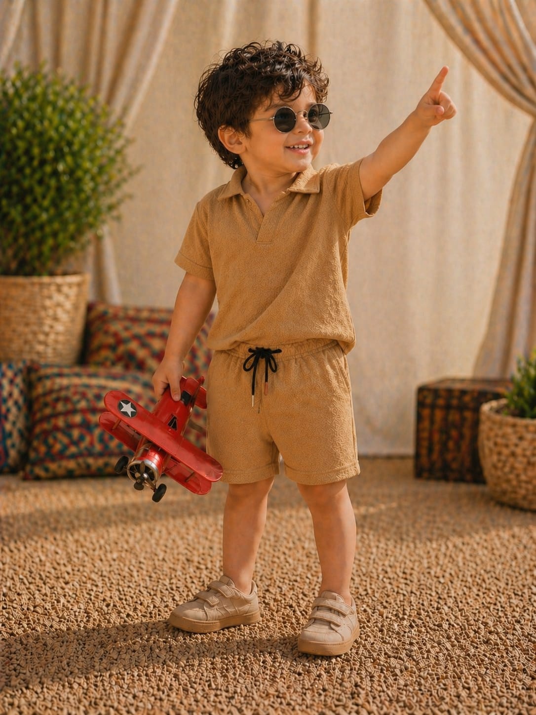 Little Escape Summer 2026. A premium camel co-ord made with lightweight breathable fabric, designed for everyday comfort and effortless summer style for kids.