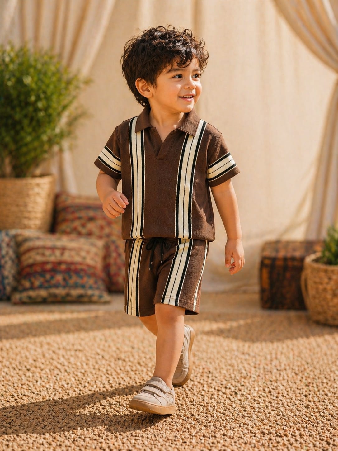 Little Escape Summer 2026. A premium camel co-ord made with lightweight breathable fabric, designed for everyday comfort and effortless summer style for kids.