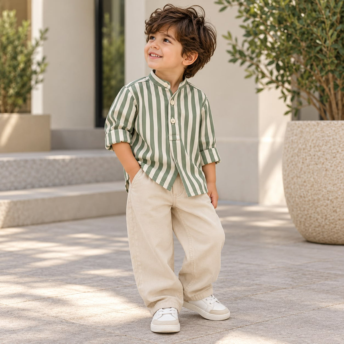 Sage Stripe Cotton Twill Baby Shirt – 3 Collar Styles