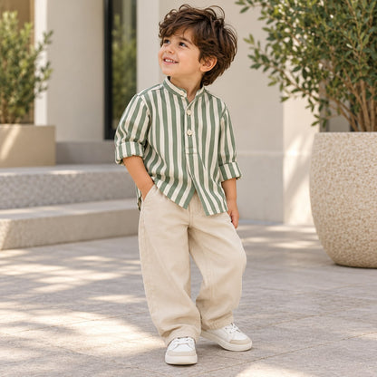 Sage Stripe Cotton Twill Baby Shirt – 3 Collar Styles
