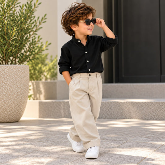 Noir Black Cotton Twill Button-Down Shirt for Babies & Toddlers