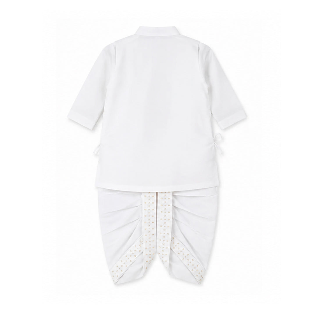 A white two-piece baby clothing set shown from the back, featuring a full sleeve top with side ties and matching dhoti with a patterned waistcoat