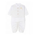 A baby boy's traditional outfit set in white, featuring a short-sleeve kurta with a textured embroidered vest, white pants, and a matching waist sash, laid flat on a white background.