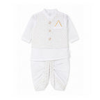 A baby boy's traditional outfit set in white, featuring a short-sleeve kurta with a textured embroidered vest, white pants, and a matching waist sash, laid flat on a white background.