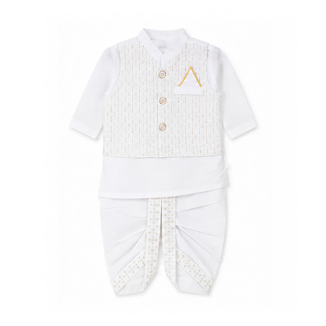 A baby boy's traditional outfit set in white, featuring a short-sleeve kurta with a textured embroidered vest, white pants, and a matching waist sash, laid flat on a white background.