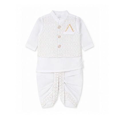 A baby boy's traditional outfit set in white, featuring a short-sleeve kurta with a textured embroidered vest, white pants, and a matching waist sash, laid flat on a white background.