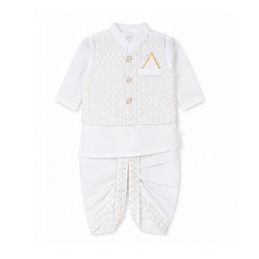 A baby boy's traditional outfit set in white, featuring a short-sleeve kurta with a textured embroidered vest, white pants, and a matching waist sash, laid flat on a white background.