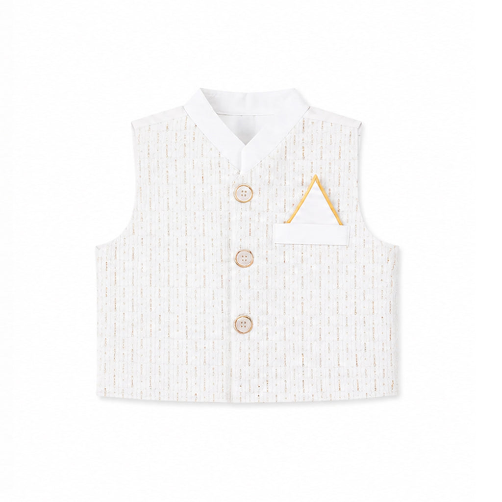 A white sleeveless vest with a subtle vertical textured pattern, featuring three gold buttons, a pointed collar, and a small white pocket square with a gold triangular accent on the chest.