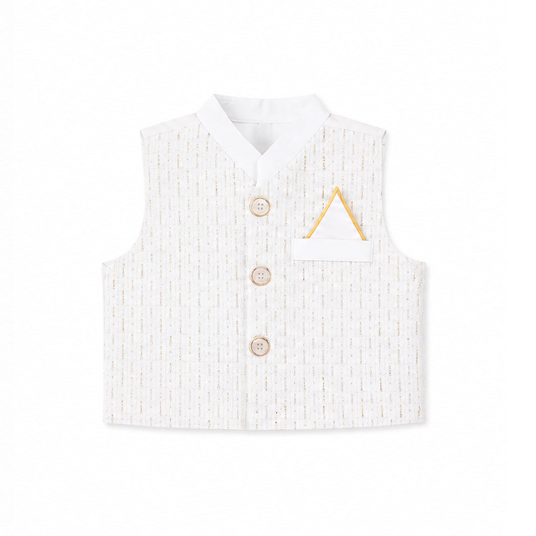 A white sleeveless vest with a subtle vertical textured pattern, featuring three gold buttons, a pointed collar, and a small white pocket square with a gold triangular accent on the chest.