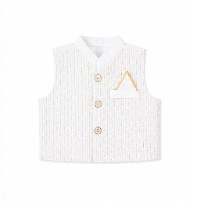 A white sleeveless vest with a subtle vertical textured pattern, featuring three gold buttons, a pointed collar, and a small white pocket square with a gold triangular accent on the chest.