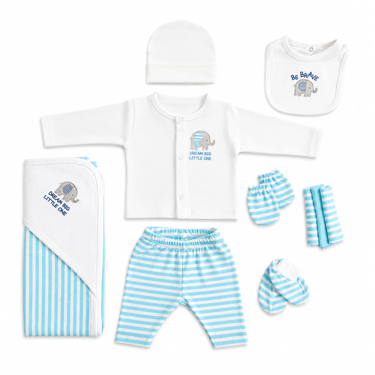 Baby clothing set with white shirt, striped pants, hat, and bib on a white background
