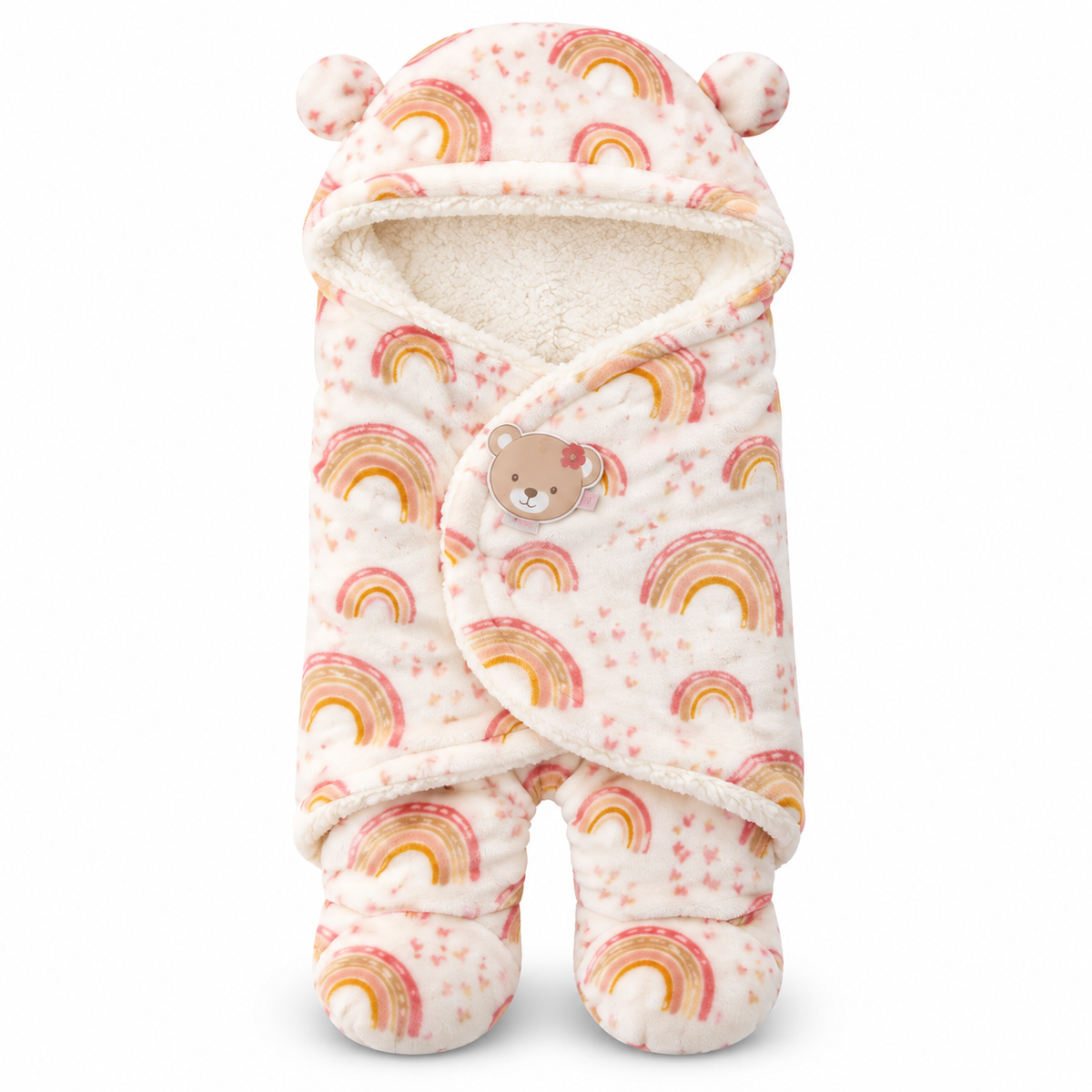 A baby footed swaddle blanket with a hood and ear details, featuring a repeating rainbow pattern in pink, orange, and yellow on a cream background. The swaddle has a soft fleece lining and a decorative bear face patch on the front.