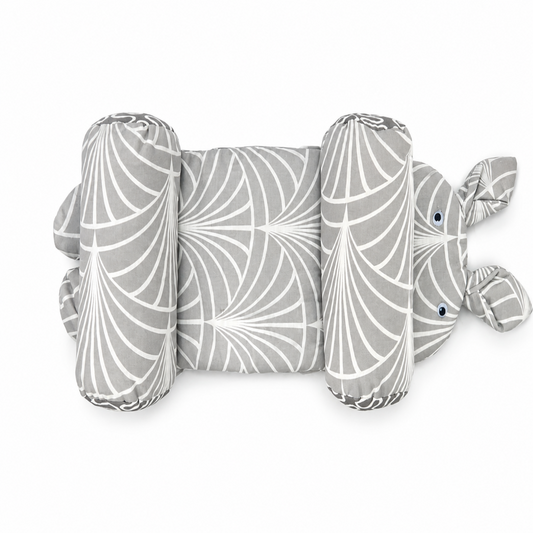 A plush baby support pillow shaped like a rabbit, featuring a gray and white geometric fan pattern, photographed on a solid white background.