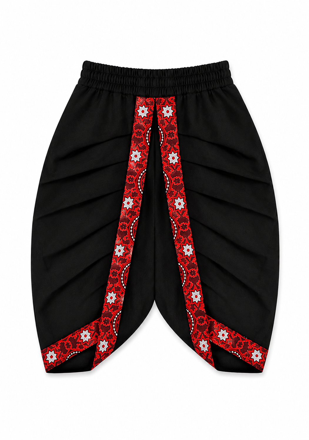 Black dhoti with red and white ajrak pattern vertical trim running down the front center and along the lower hems, shown on a plain white background.