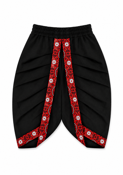 Black dhoti with red and white ajrak pattern vertical trim running down the front center and along the lower hems, shown on a plain white background.
