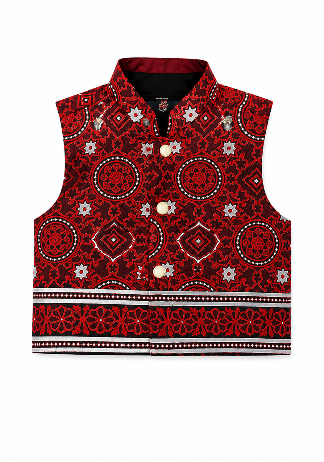 A sleeveless red waistcoat with an intricate geometric ajrak pattern in red, black, and white, featuring a stand-up collar and three gold buttons on a white background.