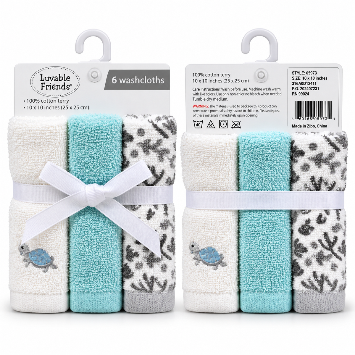 Aqua Meadow 6-piece baby washcloth set with cream, aqua and grey cotton terry washcloths