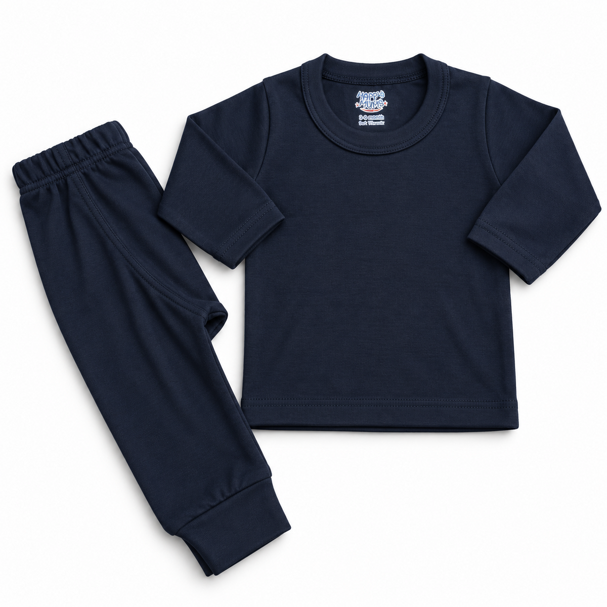 Navy cotton baby warmer set with long-sleeve top and matching pants