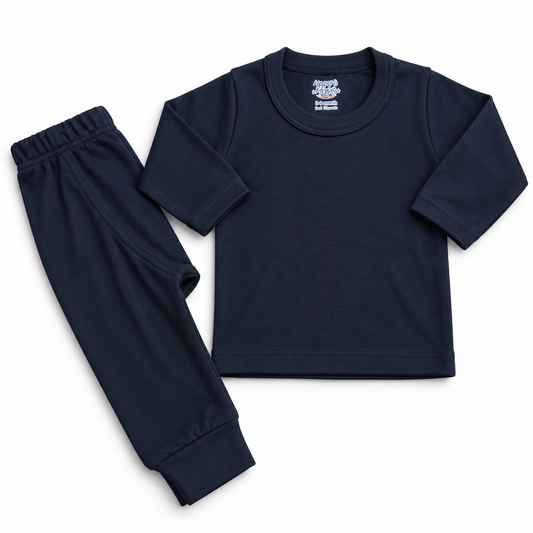 Navy cotton baby warmer set with long-sleeve top and matching pants