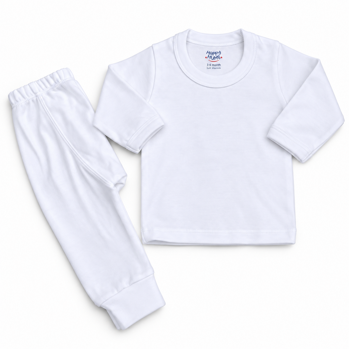 White cotton baby warmer set with long-sleeve top and matching pants