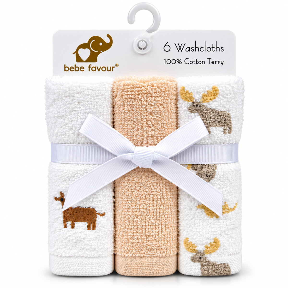 6-piece baby washcloth set in 100% cotton terry with blue, white and beige animal designs