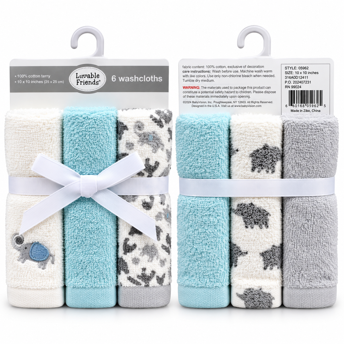 Sheep and aqua 6-piece baby washcloth set in cotton terry